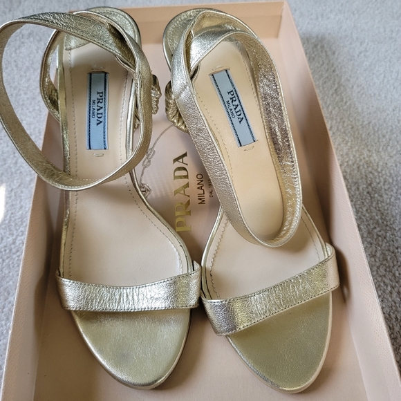 Prada Nappa Silk Pirite Gold Ankle Strap Sandals 36 w Box - Picture 5 of 14
